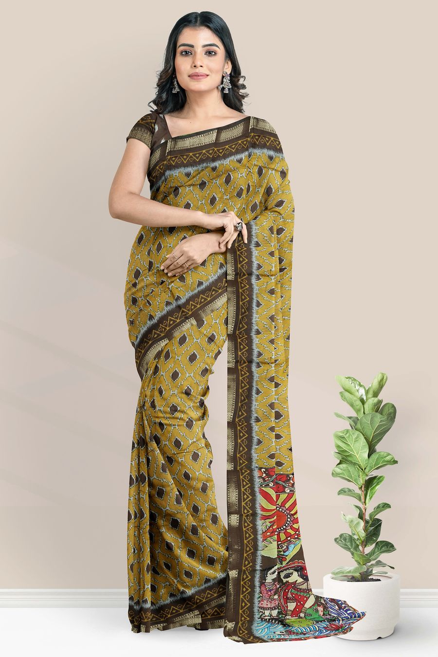Soft Mangalagiri Silk Ikkath Print Mustard Yellow With Brown Saree