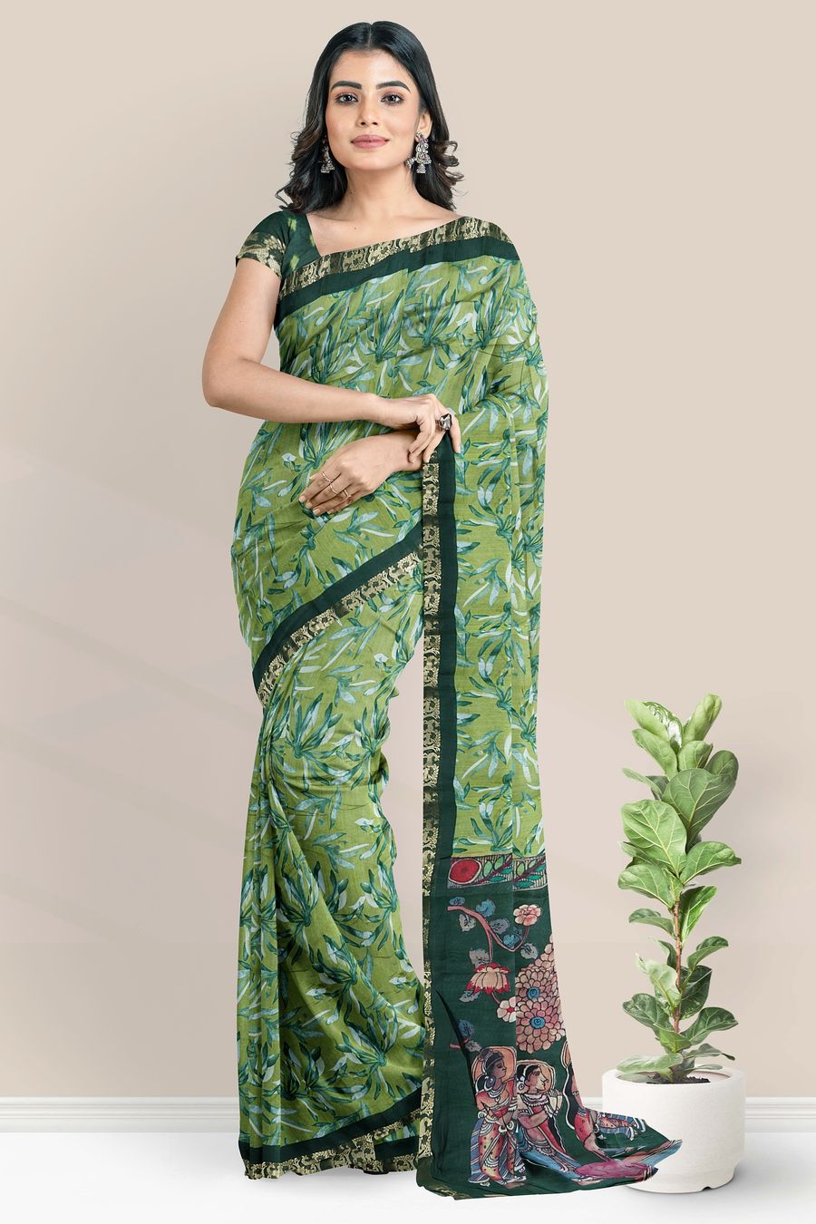 Soft Mangalagiri Silk Leaf Floral Digital Print Light And Dark Green Saree