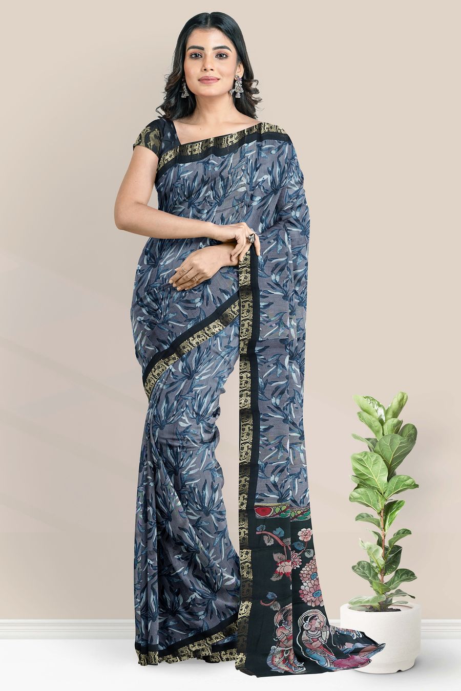 Soft Mangalagiri Silk Leaf Floral Digital Print Greyish Blue With Black Saree
