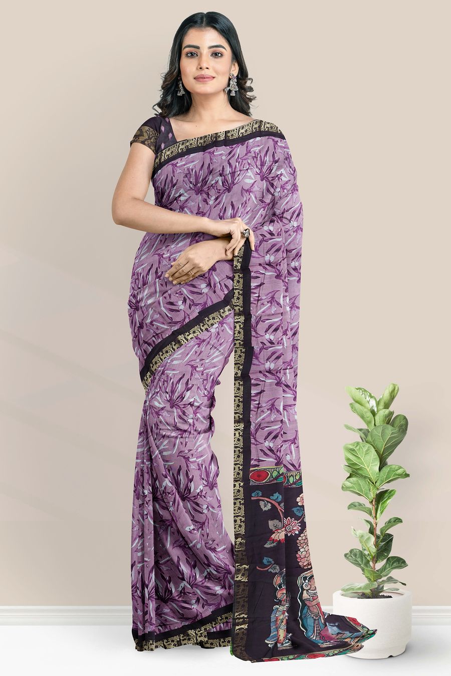Soft Mangalagiri Silk Leaf Floral Digital Print Pink With Black Saree