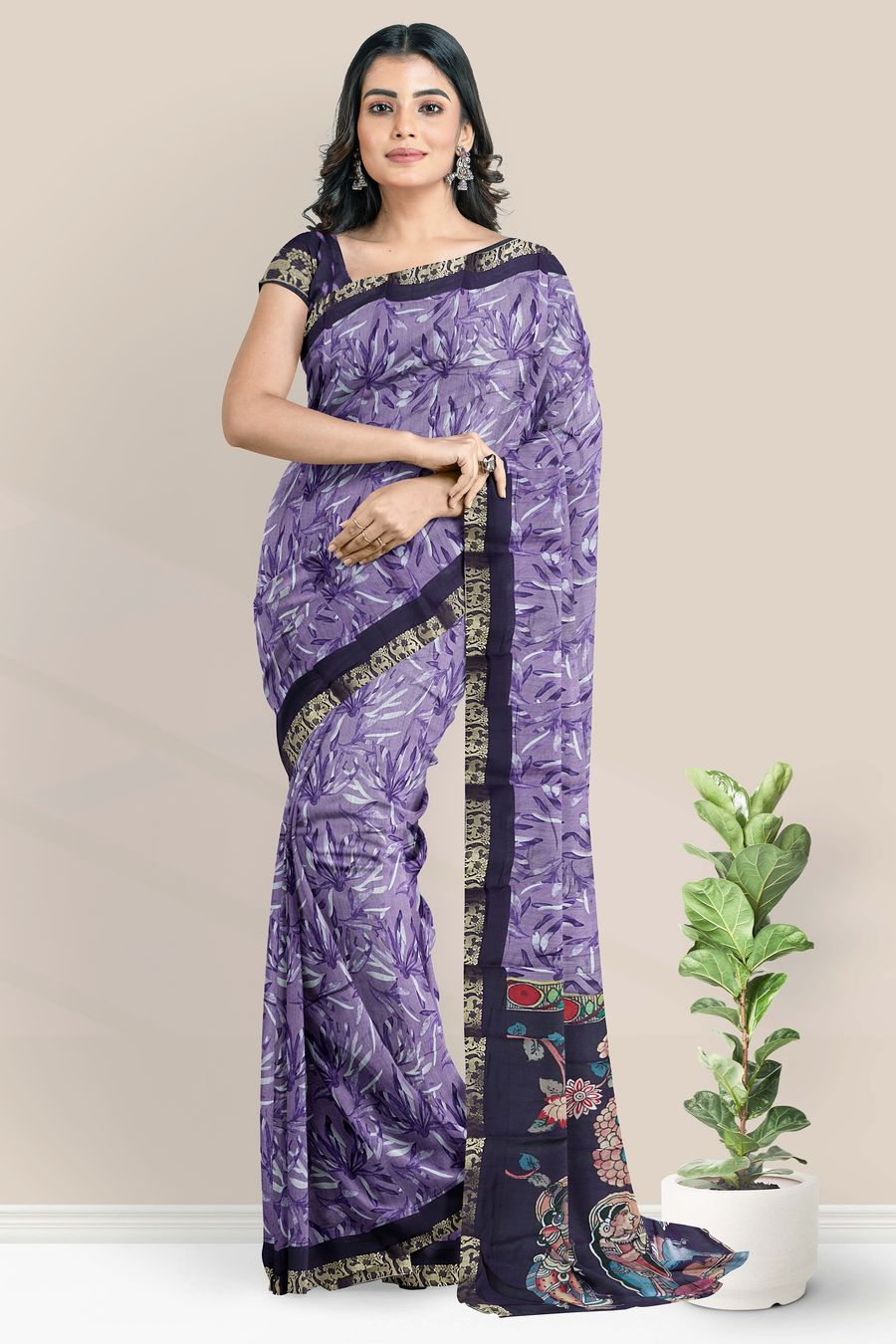 Soft Mangalagiri Silk Leaf Floral Digital Print Lavender With Purple Saree