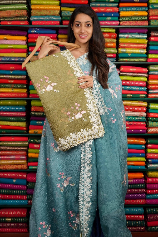Crushed Chiffon Embroidery Tie And Dye Light And Mehandi Green Saree