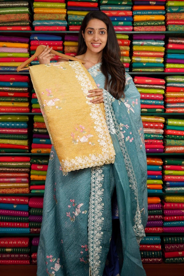 Crushed Chiffon Embroidery Tie And Dye Light And Dark Yellow Saree