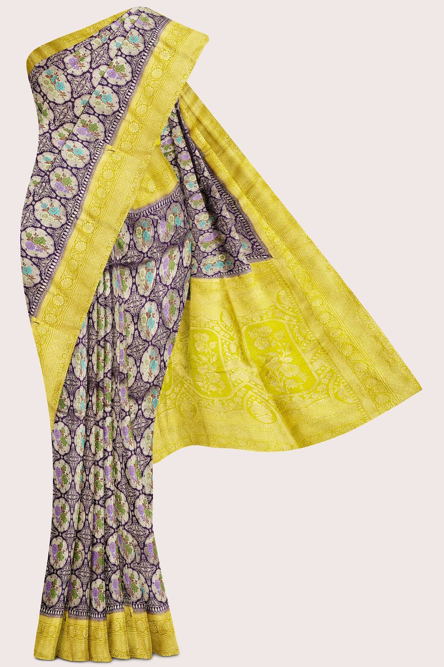 Fancy Silk Paithani Full Jal Design Dark Purple With Yellow Saree