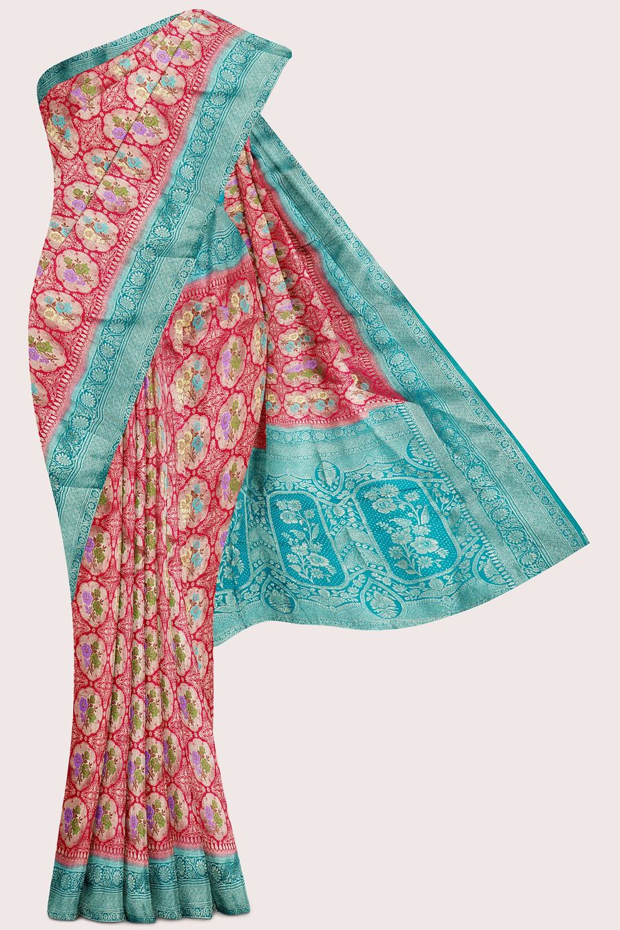 Fancy Silk Paithani Full Jal Design Bright Pink With Rama Green Saree