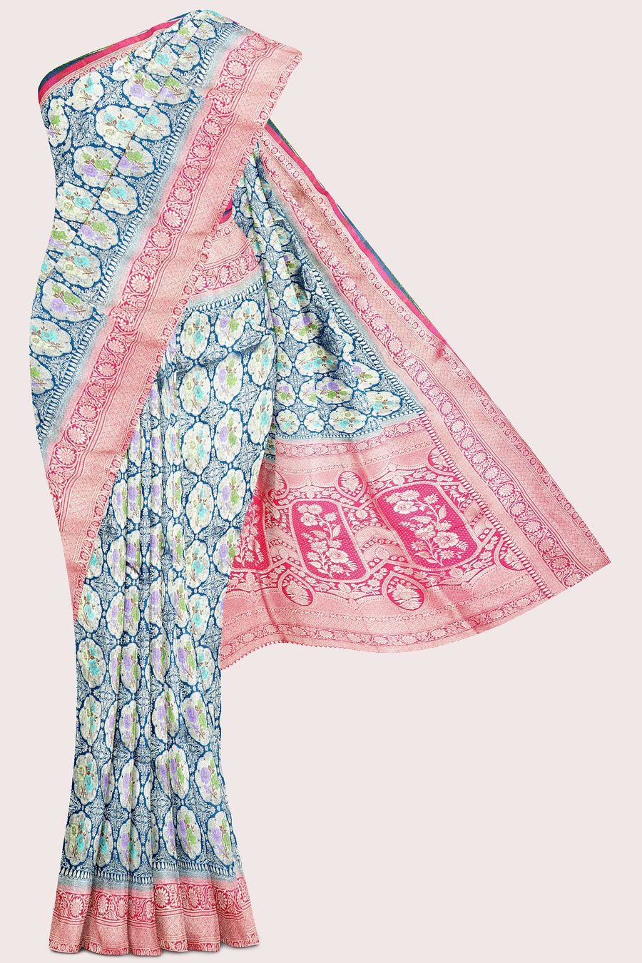 Fancy Silk Paithani Full Jal Design Peacock Blue With Pink Saree