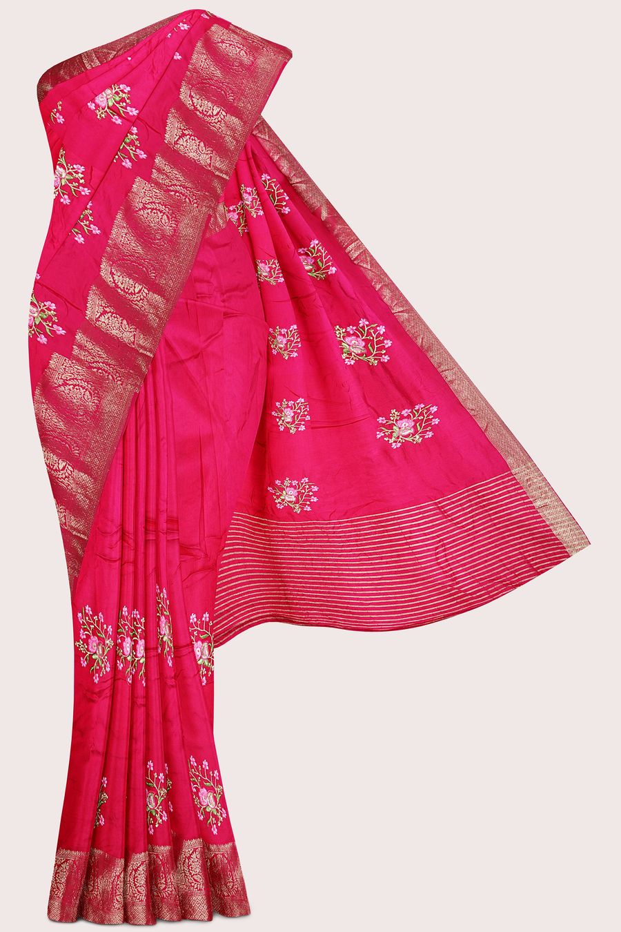 Viscose Georgette Embroidery Work Bright Pink Saree