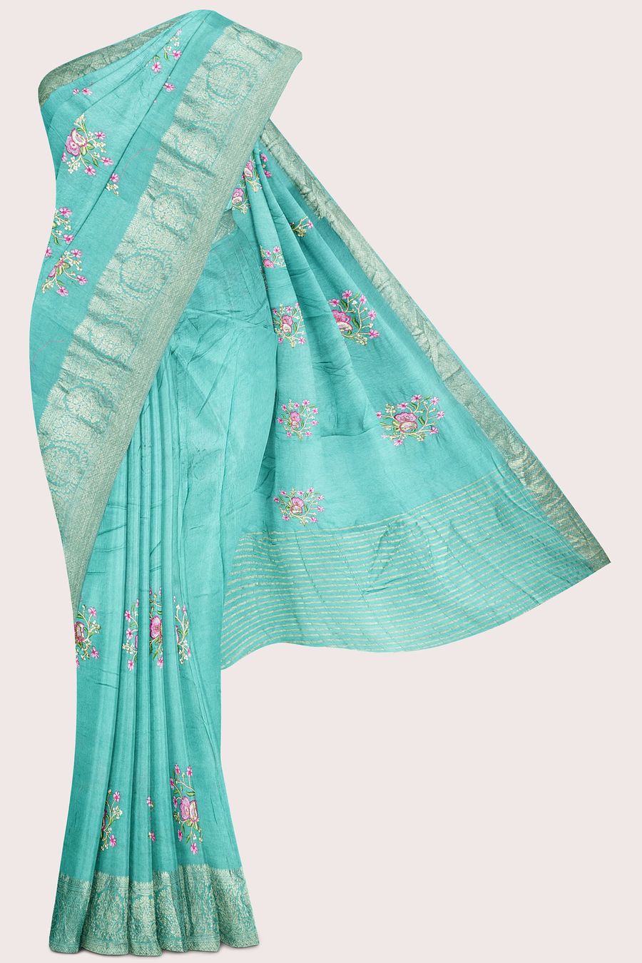Viscose Georgette Embroidery Work Teal Green Saree