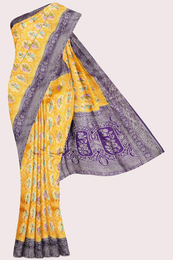 Fancy Silk Paithani Full Jal Design Yellow And Orange Mix With Purple Saree