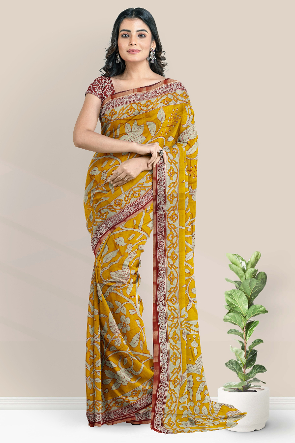 Semi Chanderi Silk Kalamkari Print Mustard Yellow With Maroon Saree