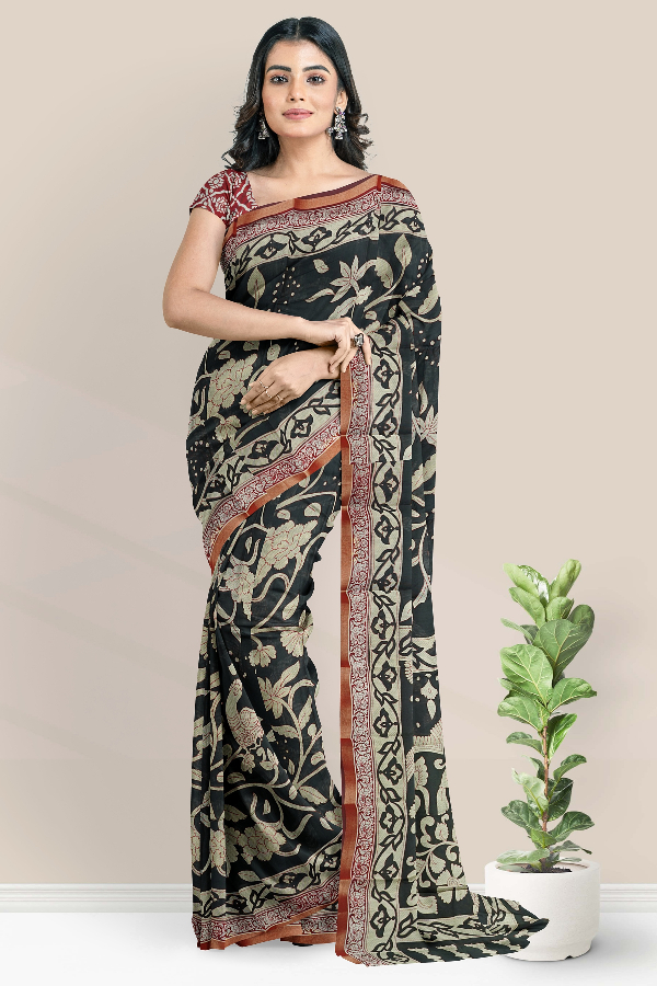 Semi Chanderi Silk Kalamkari Print Black With Maroon Saree