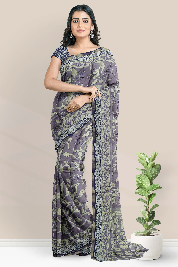 Semi Chanderi Silk Kalamkari Print Dark Lavender Saree