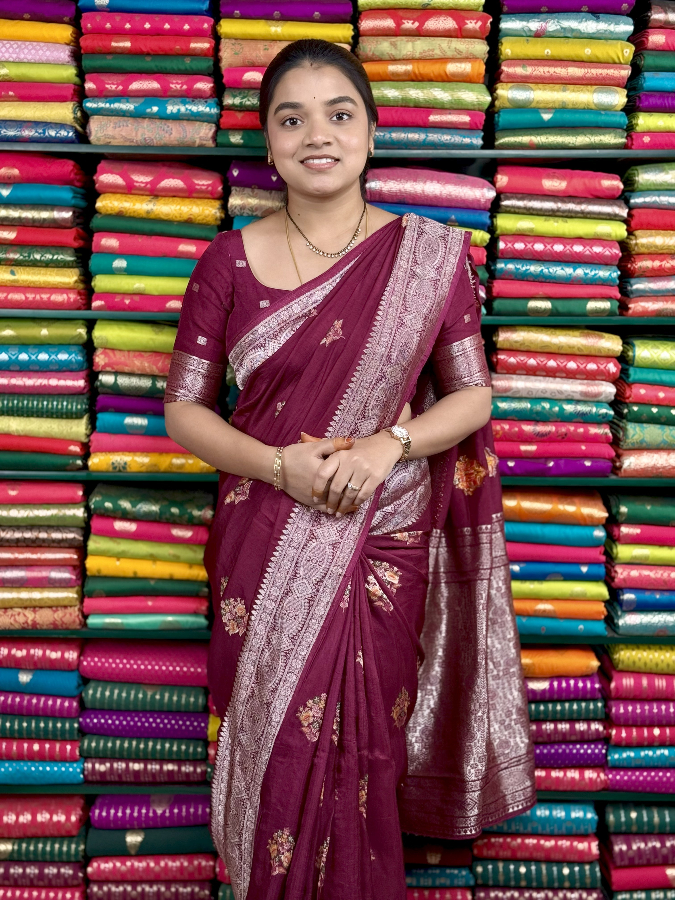 Mashru Silk Meena Butti Wine Saree