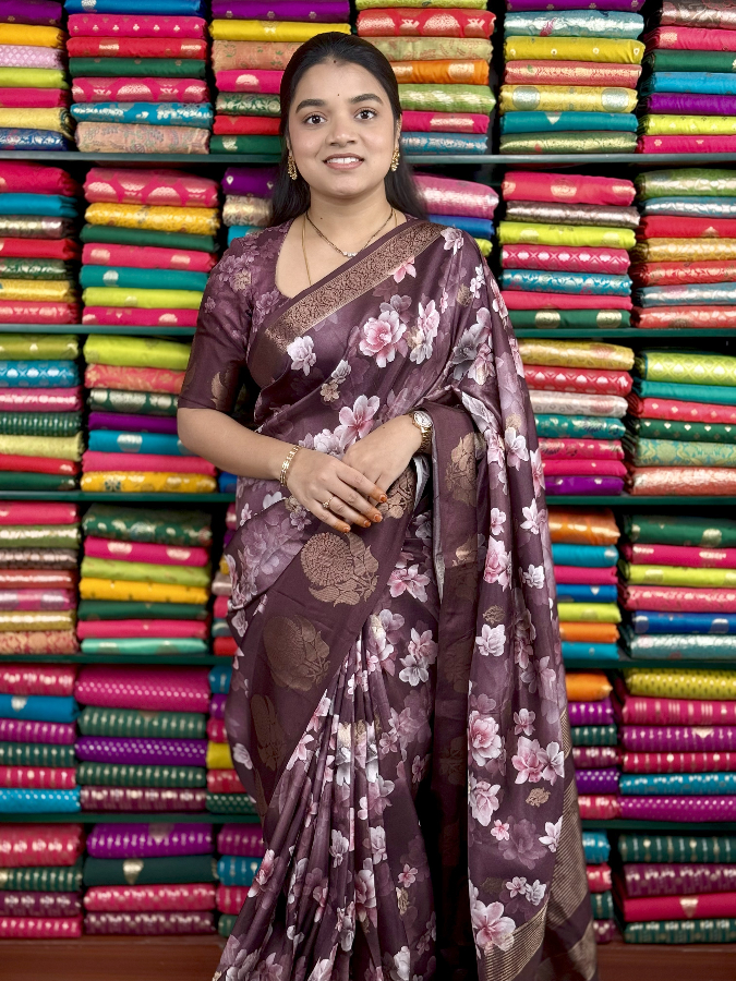 Fancy Silk Floral Digital Print Dark Wine Saree