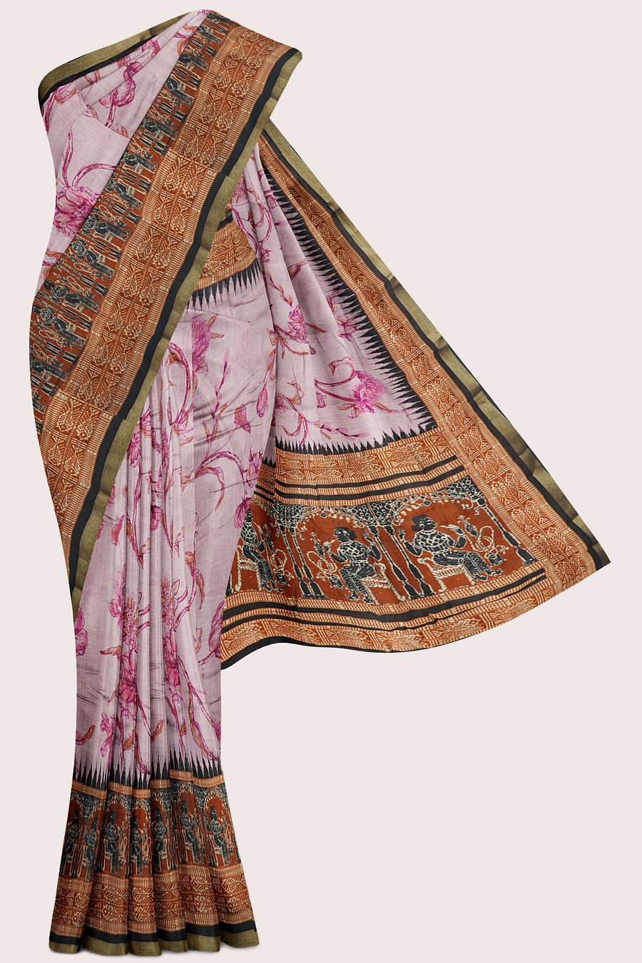 Cotton And Silk Floral Digital Print Pink With Brown Saree