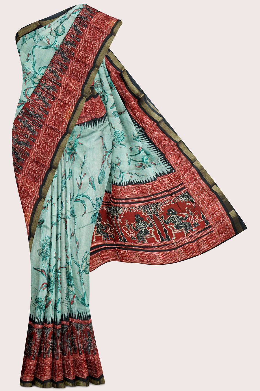 Cotton And Silk Floral Digital Print Green With Black Saree