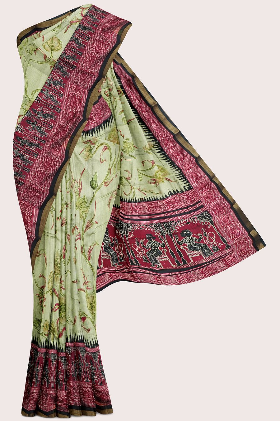 Cotton And Silk Floral Digital Print Parrot Green With Pink Saree