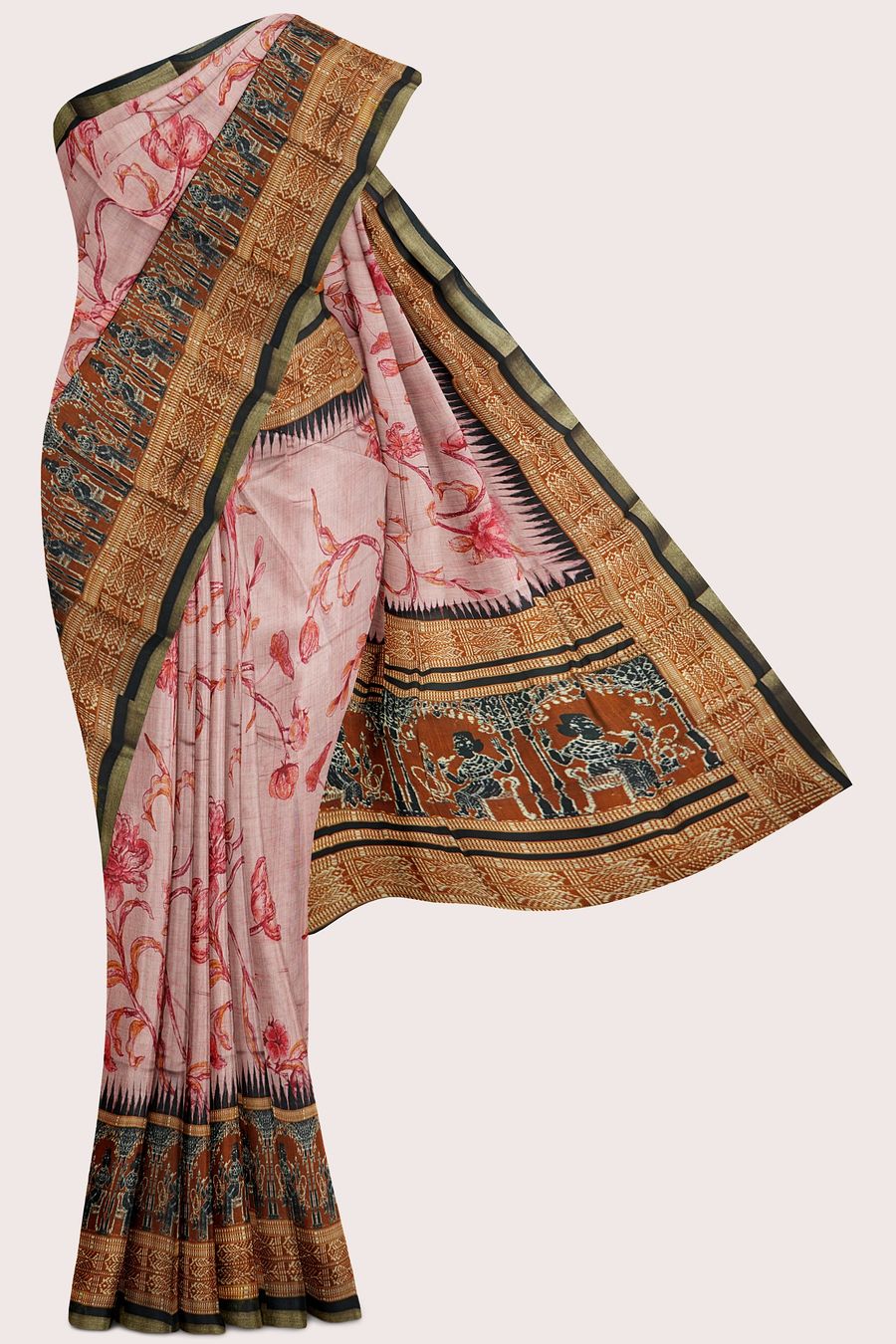 Cotton And Silk Floral Digital Print Peach With Brown Saree