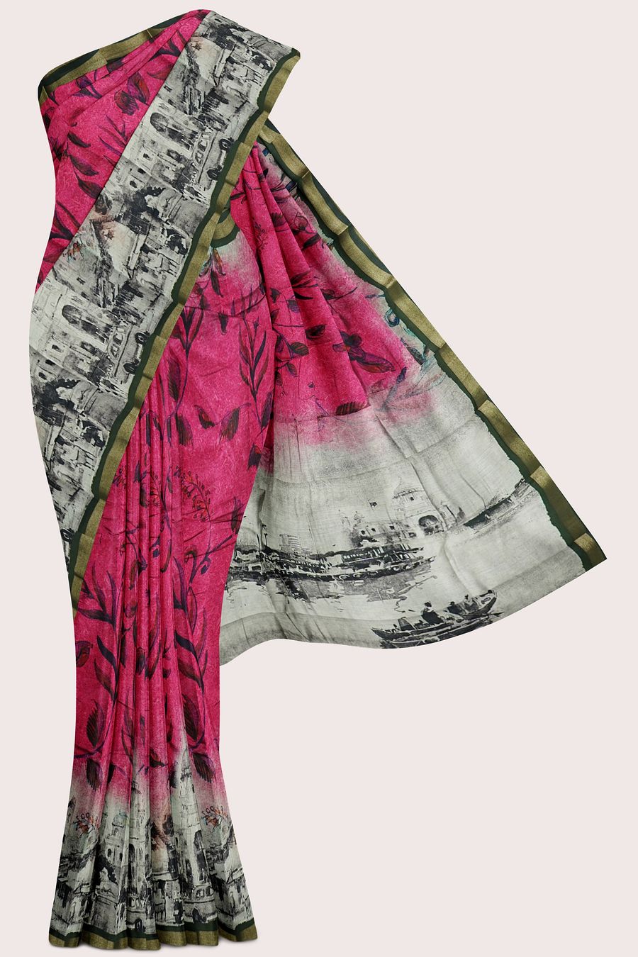 Cotton And Silk Leaf Digital Print Pink With Green Saree