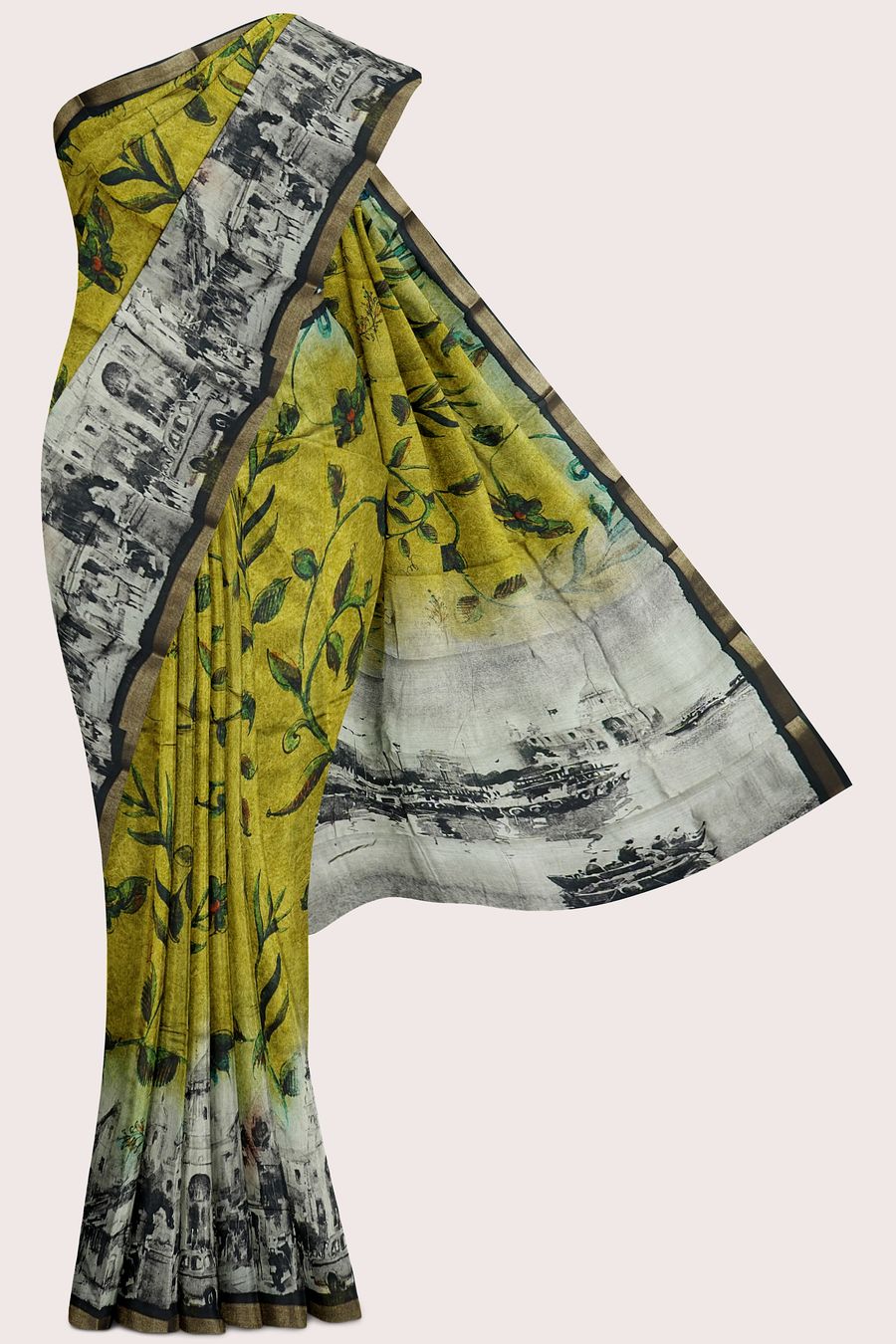 Cotton And Silk Leaf Digital Print Green With Black Saree