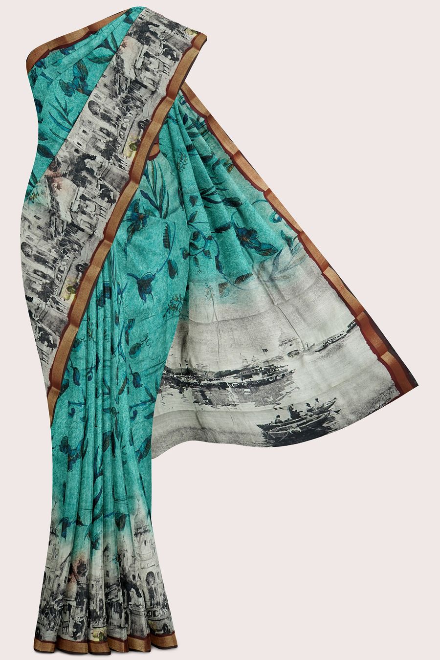 Cotton And Silk Leaf Digital Print Rama Green With Maroon Saree