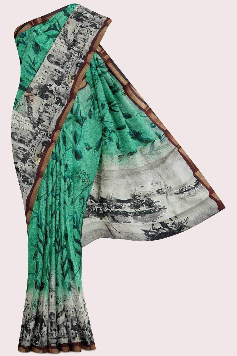 Cotton And Silk Leaf Digital Print Dark Green With Wine Saree