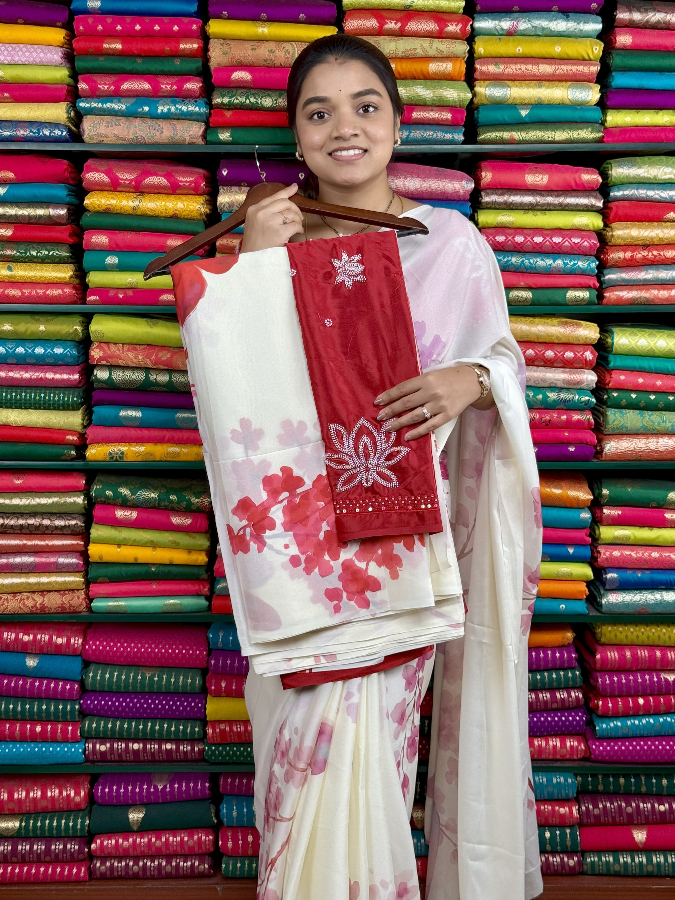Chiffon Georgette Designer Blouse Half White With Maroon Red Saree