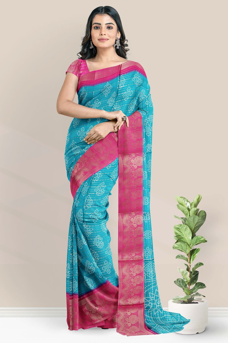 Fancy Silk Bandhini Print Light Blue With Pink Saree