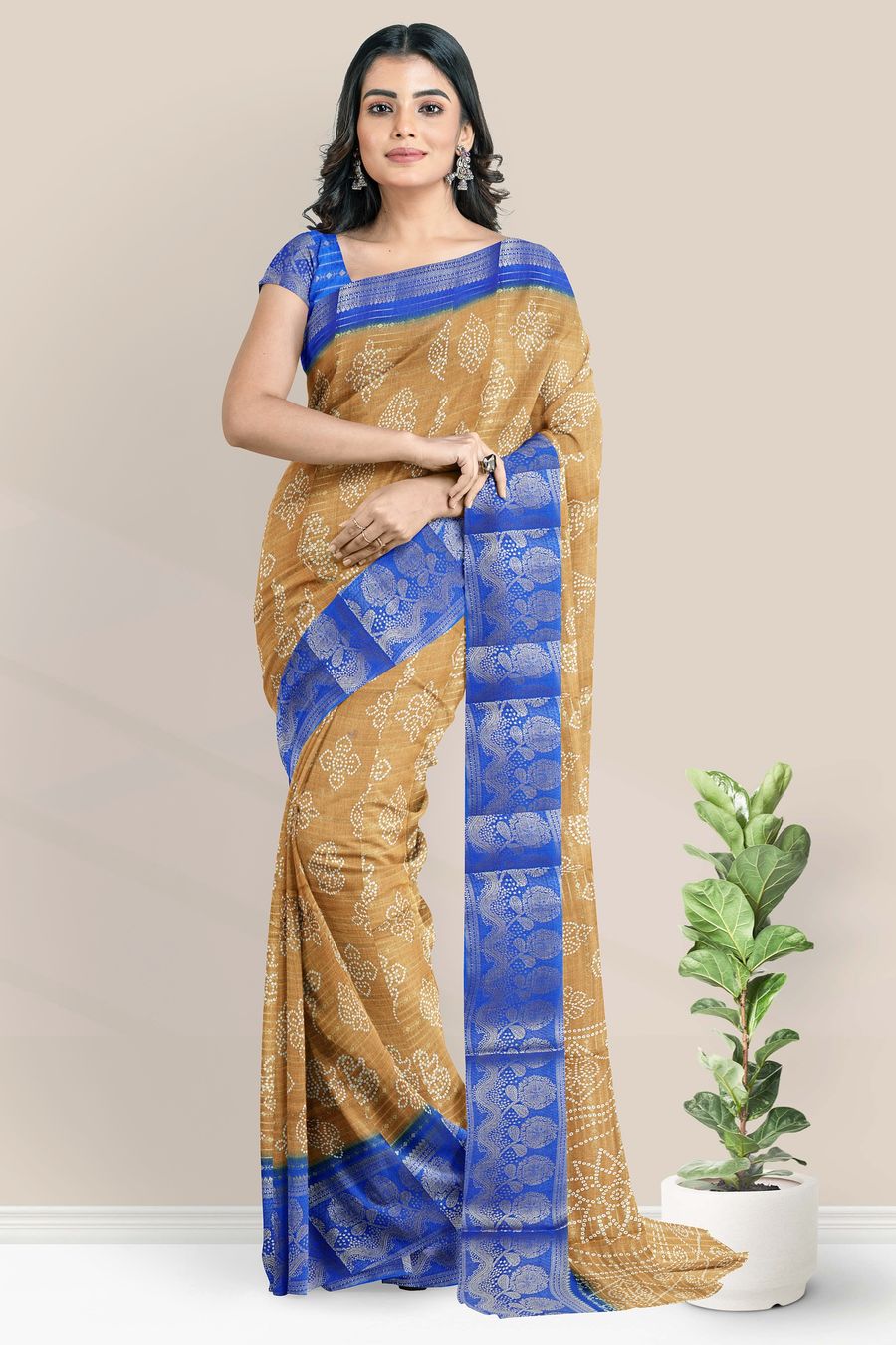 Fancy Silk Bandhini Print Light Brown With Royal Blue Saree