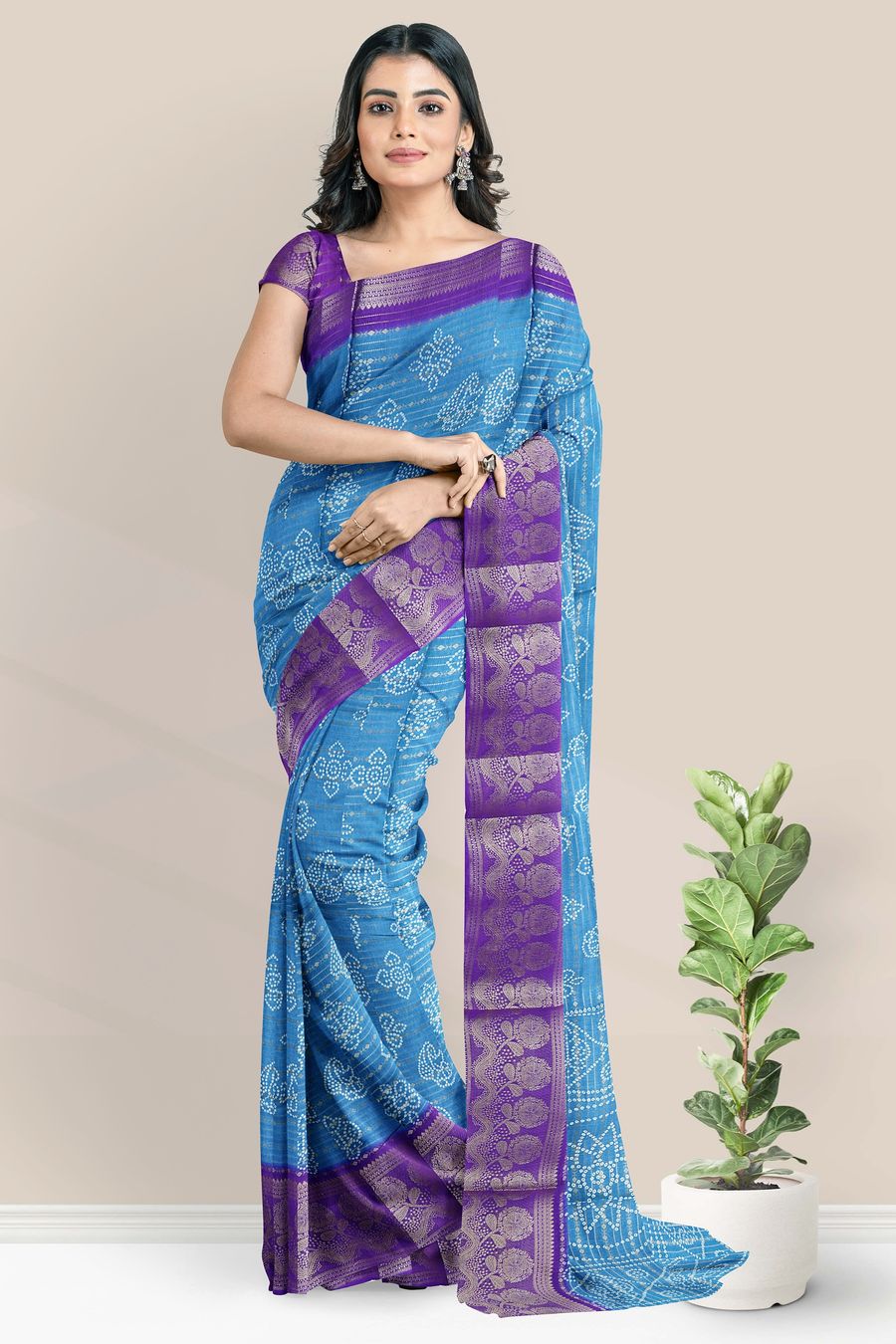 Fancy Silk Bandhini Print Blue With Purple Saree