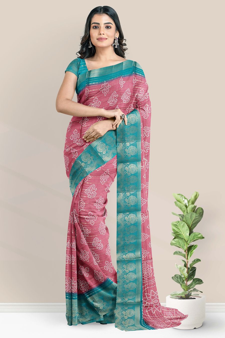Fancy Silk Bandhini Print Onion Pink With Rama Green Saree