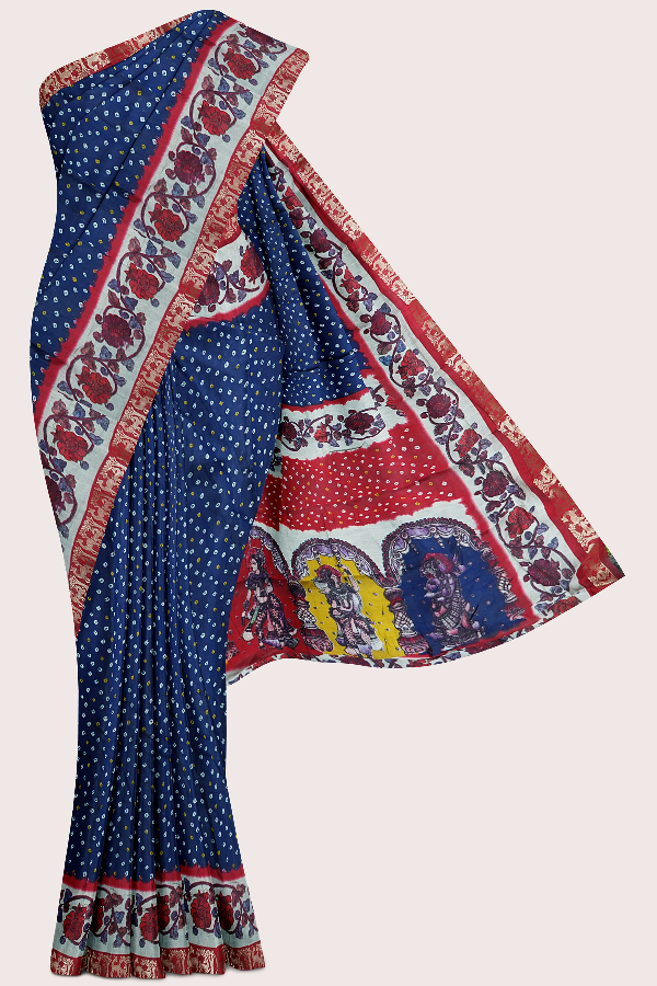 Semi Mangalagiri Silk Bandhini Print Blue With Maroon Saree
