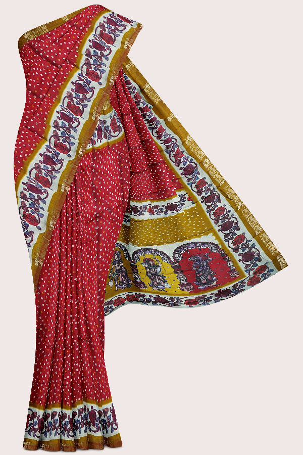 Semi Mangalagiri Silk Bandhini Print Maroon With Yellow Saree