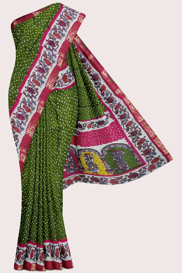 Semi Mangalagiri Silk Bandhini Print Mehandi Green With Pink Saree