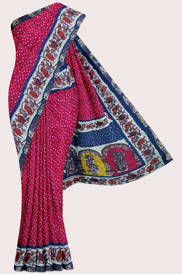 Semi Mangalagiri Silk Bandhini Print Pink With Peacock Blue Saree