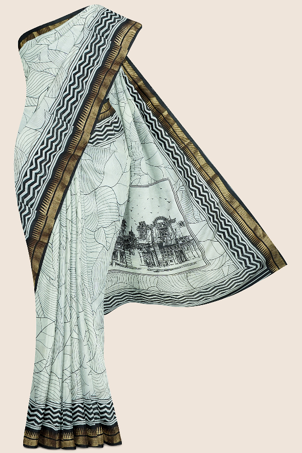 Cotton And Silk Leaf Print Design Cream With Black Saree