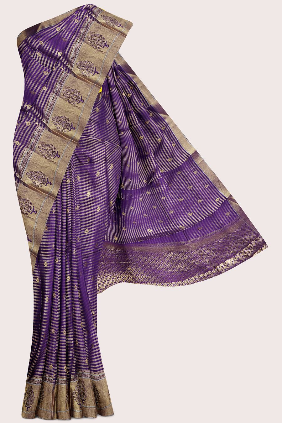 Banaras Doriya Georgette Flower Butti Dark Purple With Yellow Saree