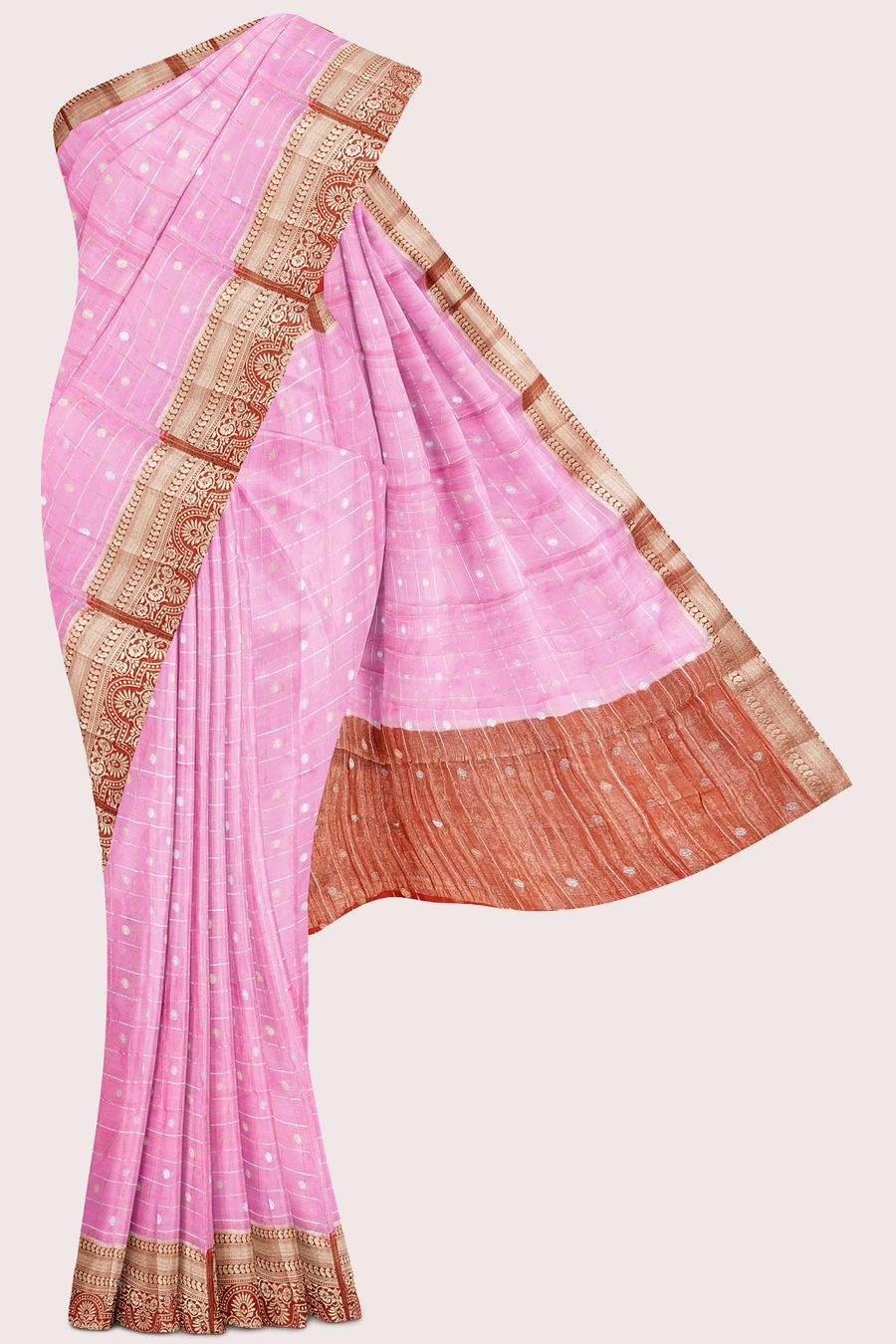 Banarasi Crepe Silver And Gold Checks Light Baby Pink With Maroon Red Saree