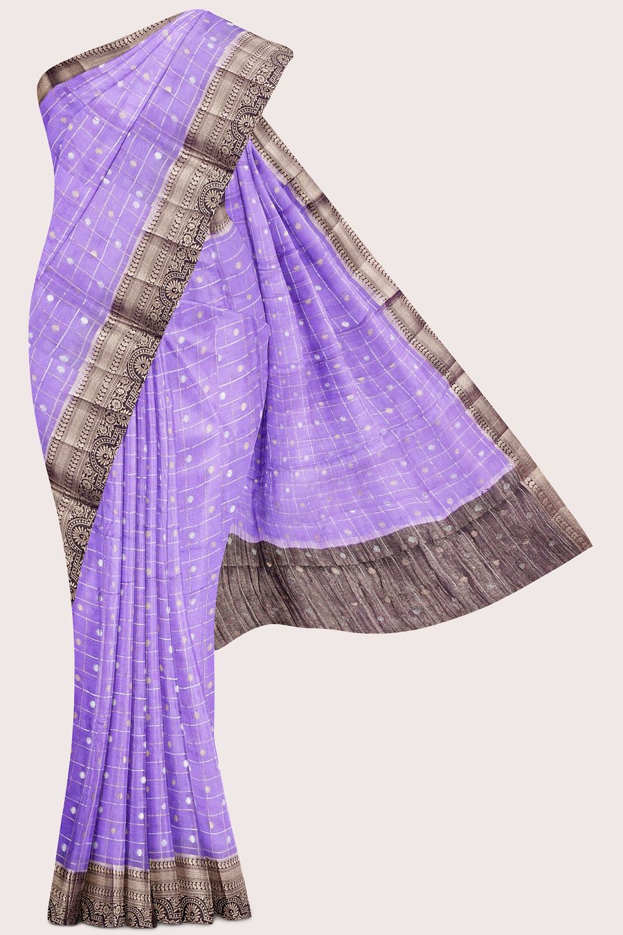 Banarasi Crepe Silver And Gold Checks Light Lavender With Purple Saree