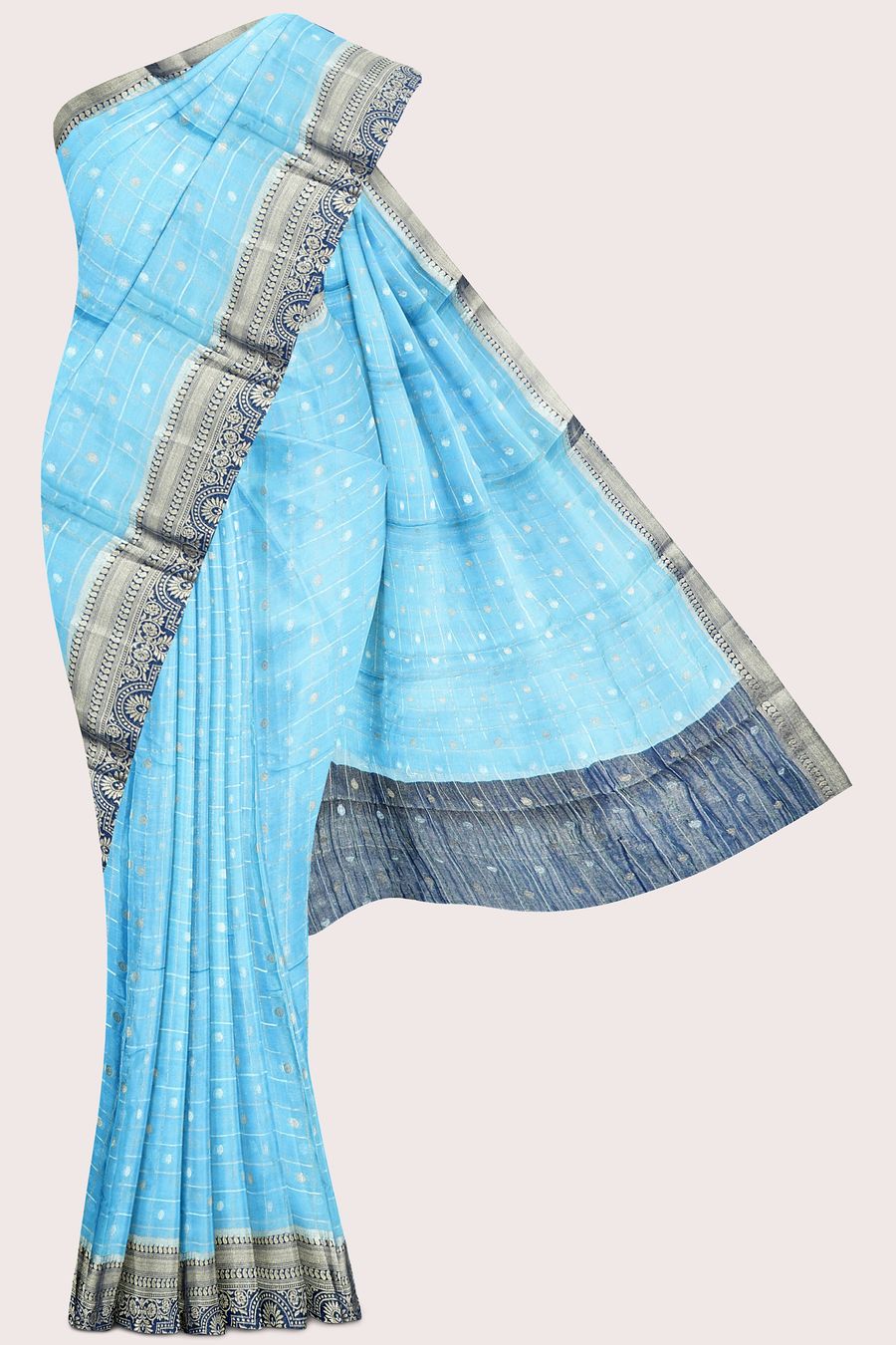 Banarasi Crepe Silver And Gold Checks Sky Blue With Peacock Blue Saree