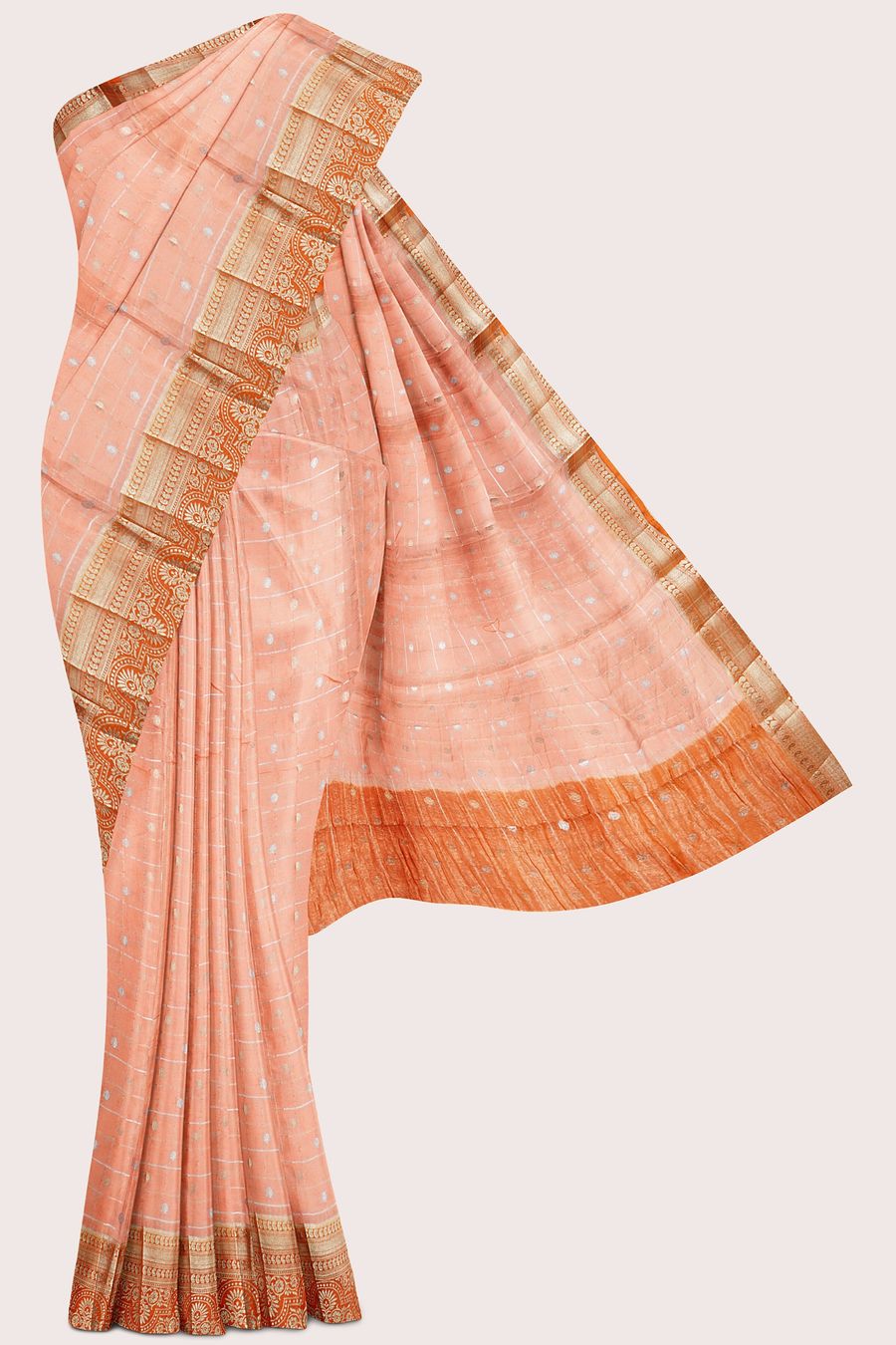 Banarasi Crepe Silver And Gold Checks Kanakambram With Orange Saree