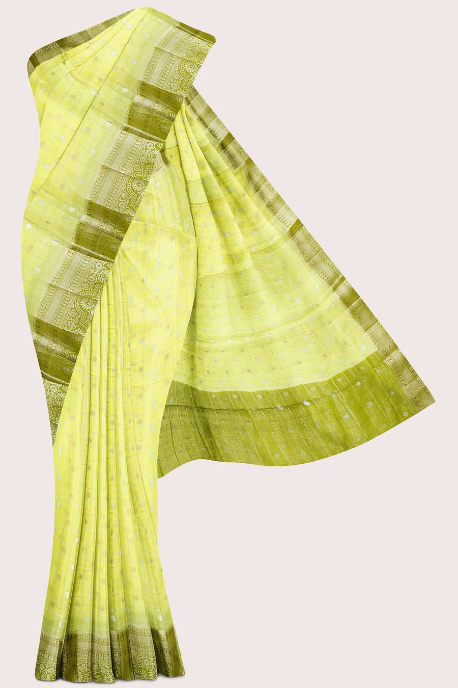 Banarasi Crepe Silver And Gold Checks Lemon Yellow With Mehandi Green Saree
