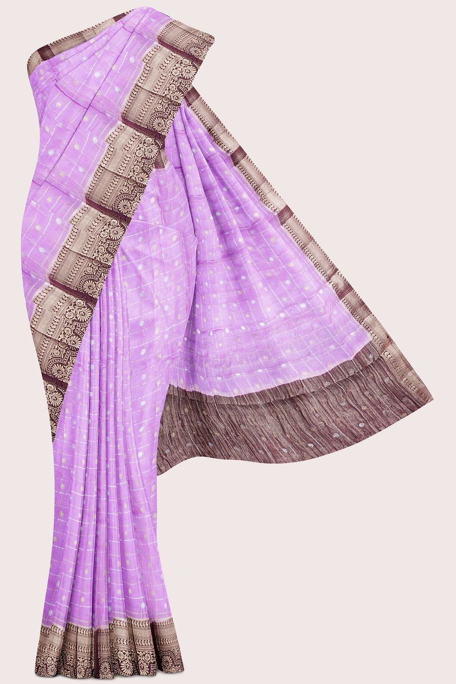 Banarasi Crepe Silver And Gold Checks Pink With Wine Saree